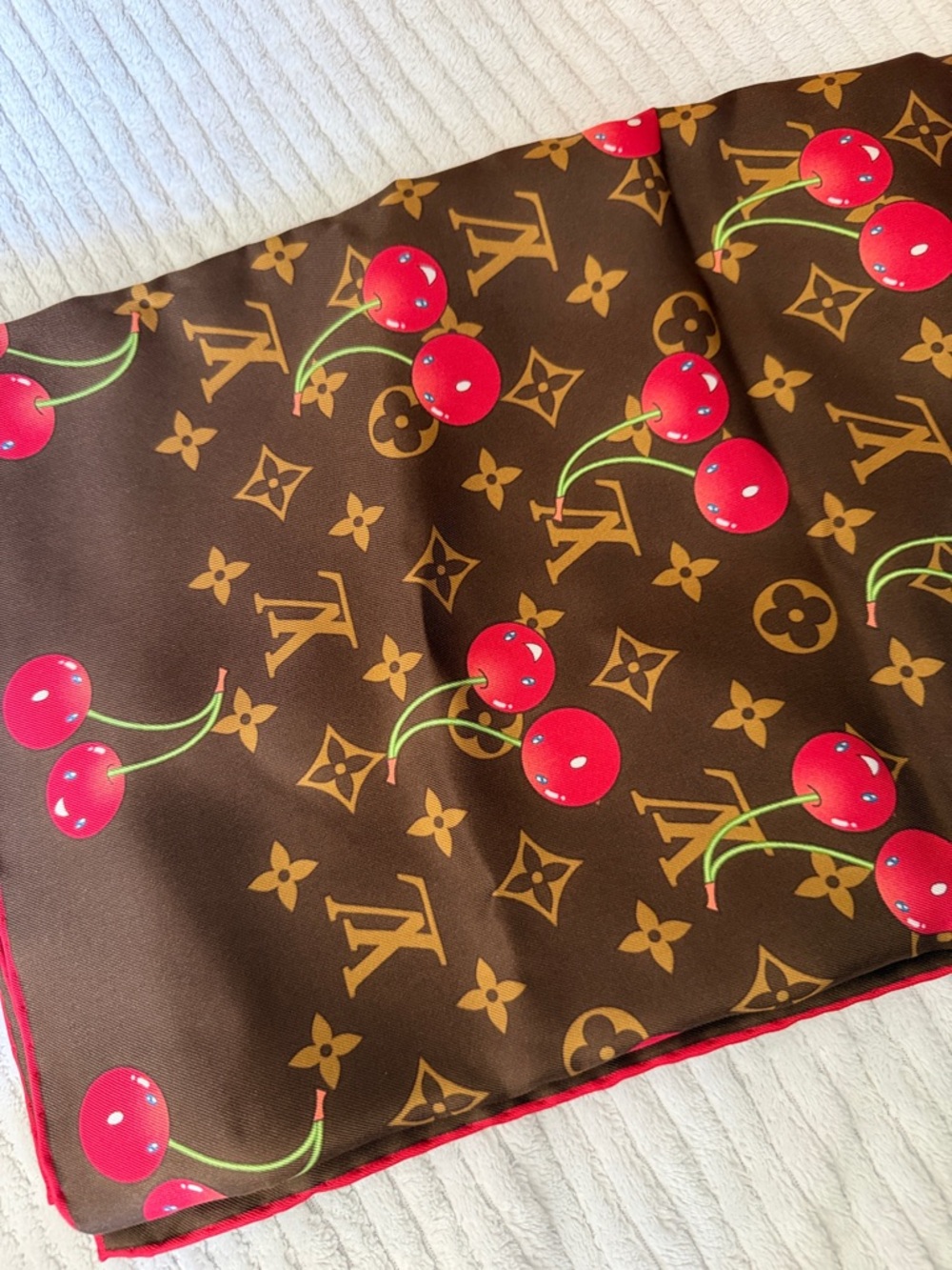Louis Vuitton Brown Monogram Cherry Silk Scarf - Red Accents - Picture 6 of 8